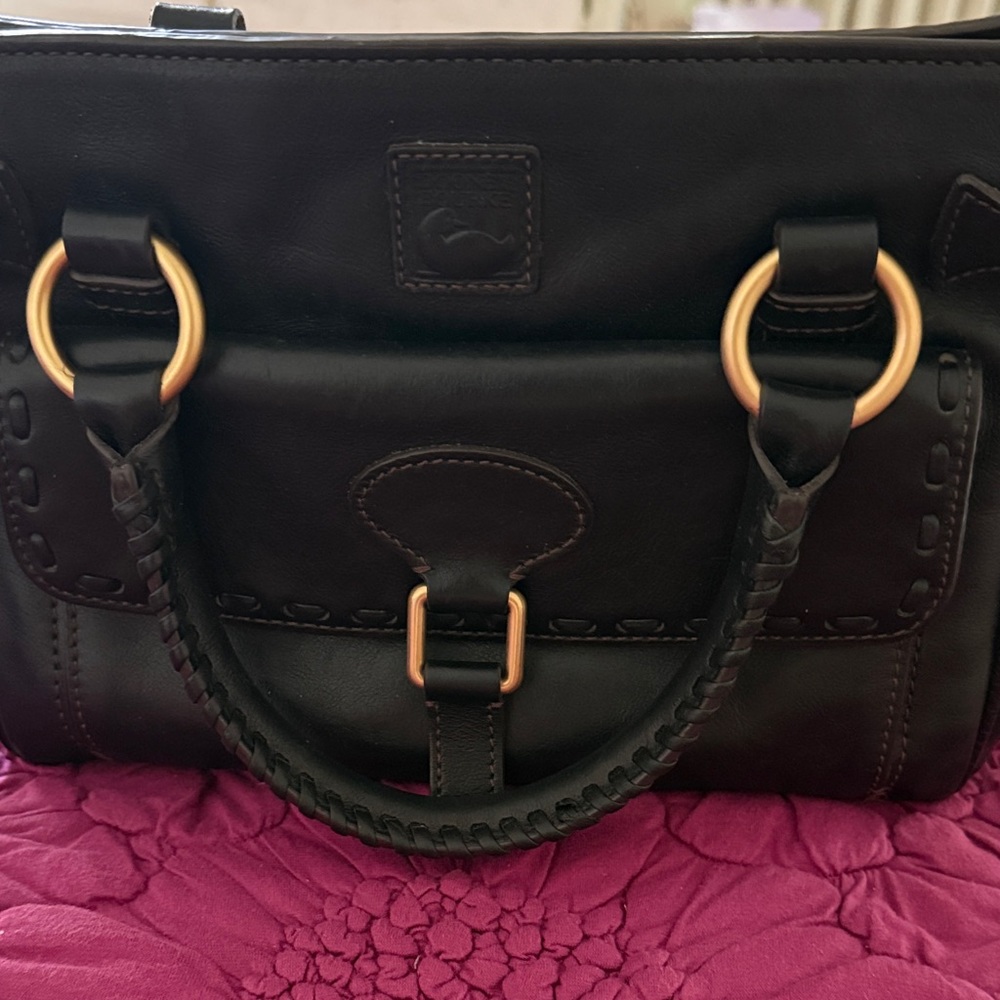 Dooney and Bourke Black Leather Satchel Handbag with Gold Hardware